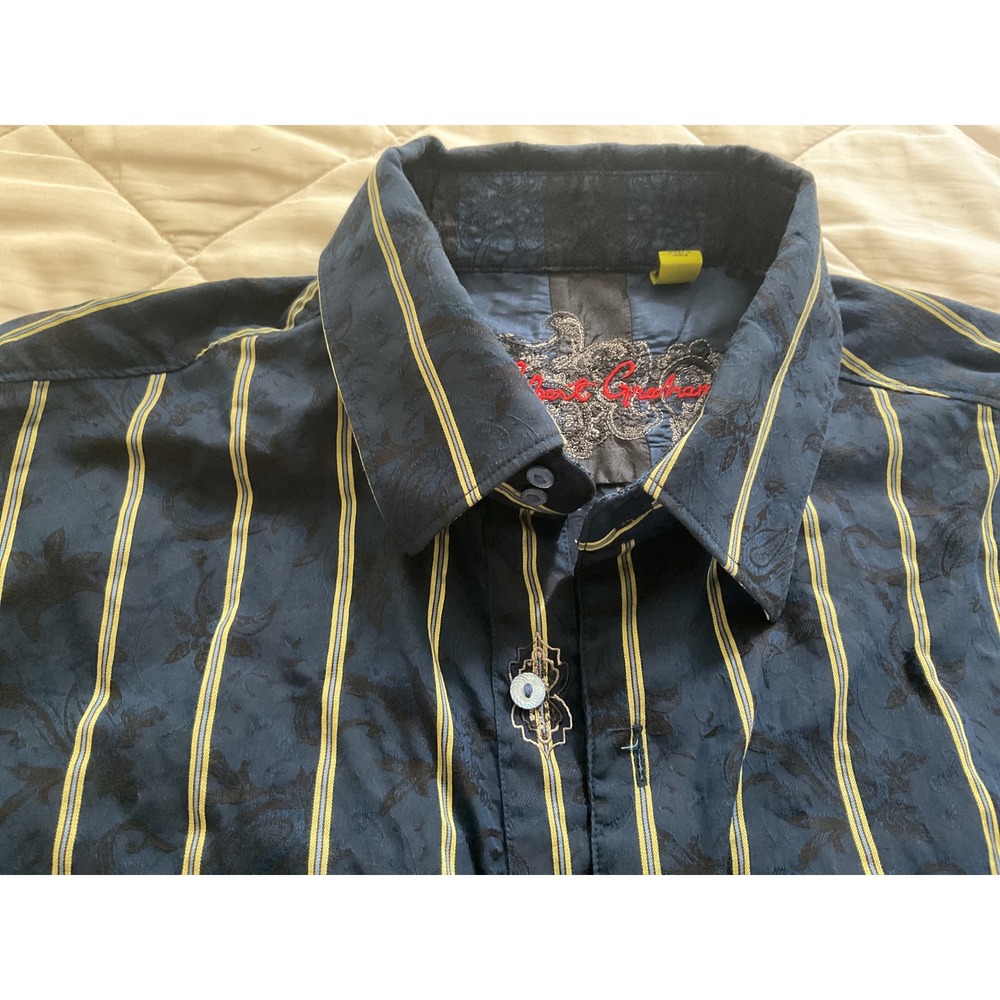 Robert Graham Mens Navy Blue Paisley Striped Embroidered Button Down Shirt XL